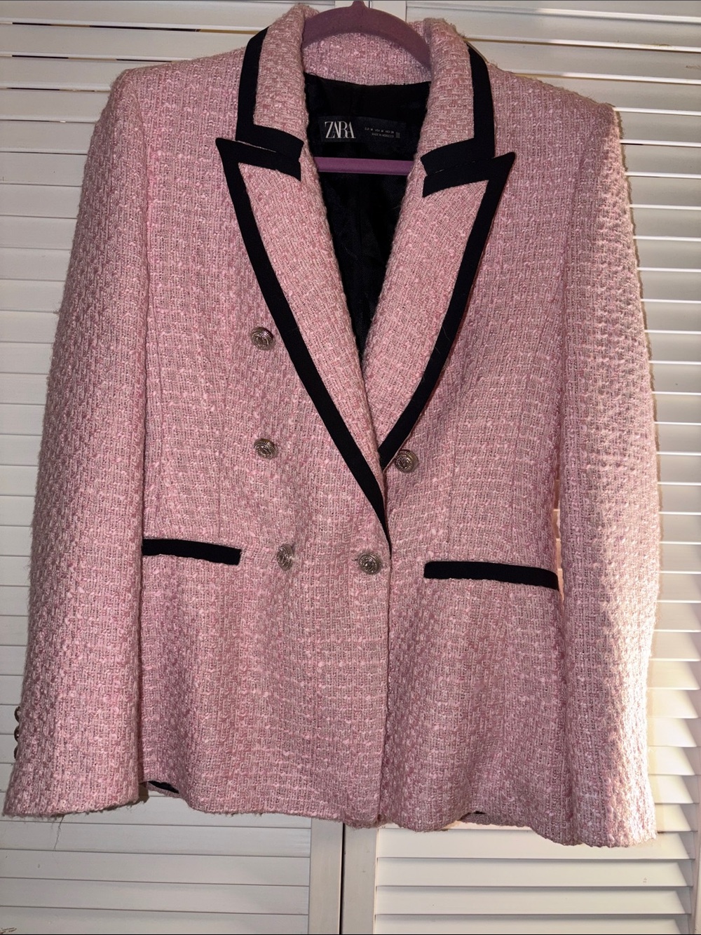 Zara Soft Pink Textured Tweed Blazer with Black Piping Double Breasted Size M